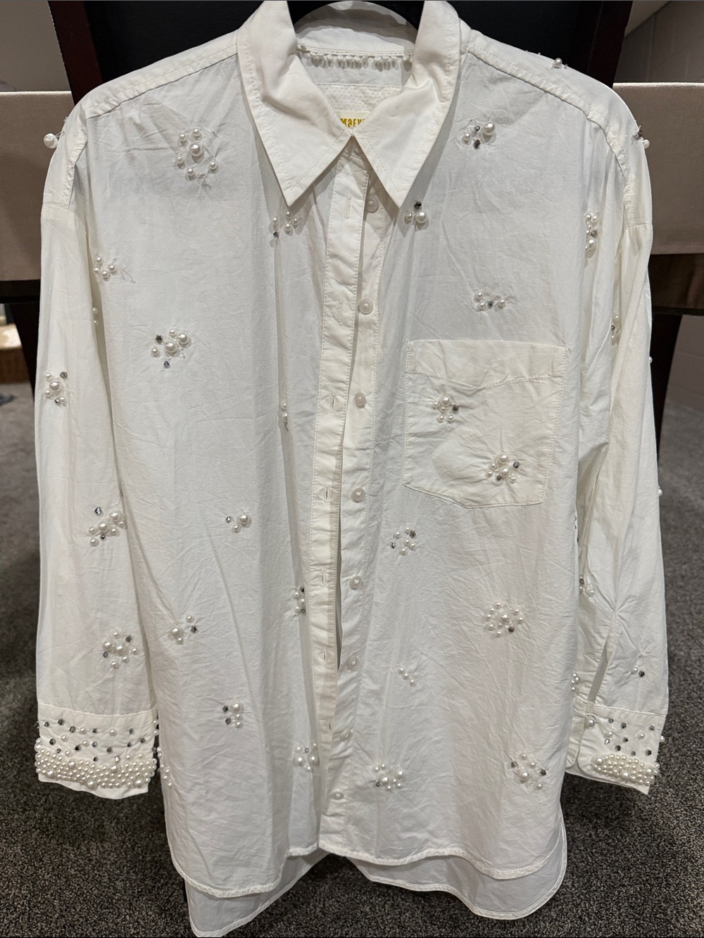 Maeve White Pearl-Embellished Button-Down Shirt